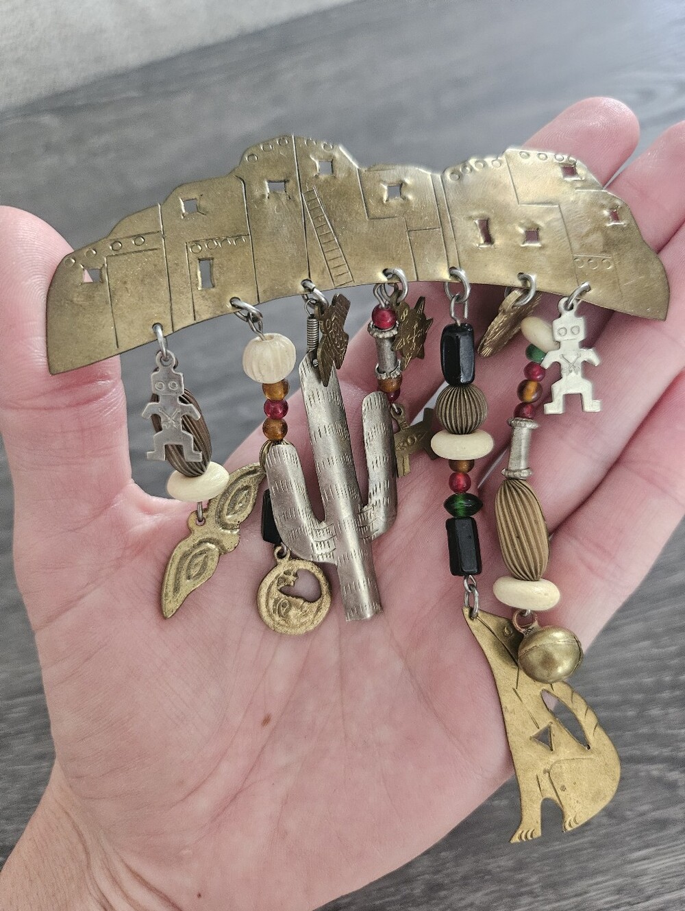 Vintage Southwestern Folk Beaded Charm Brooch